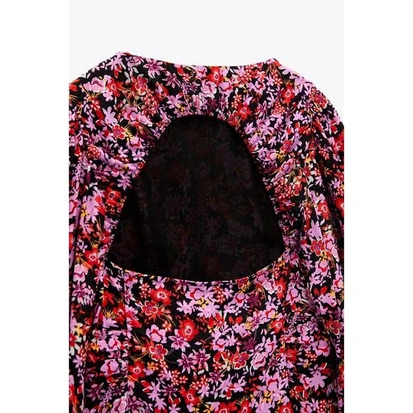 ZARA Floral Print Dress with Back Cutout Black/ Pink Small NWT - Picture 5 of 8